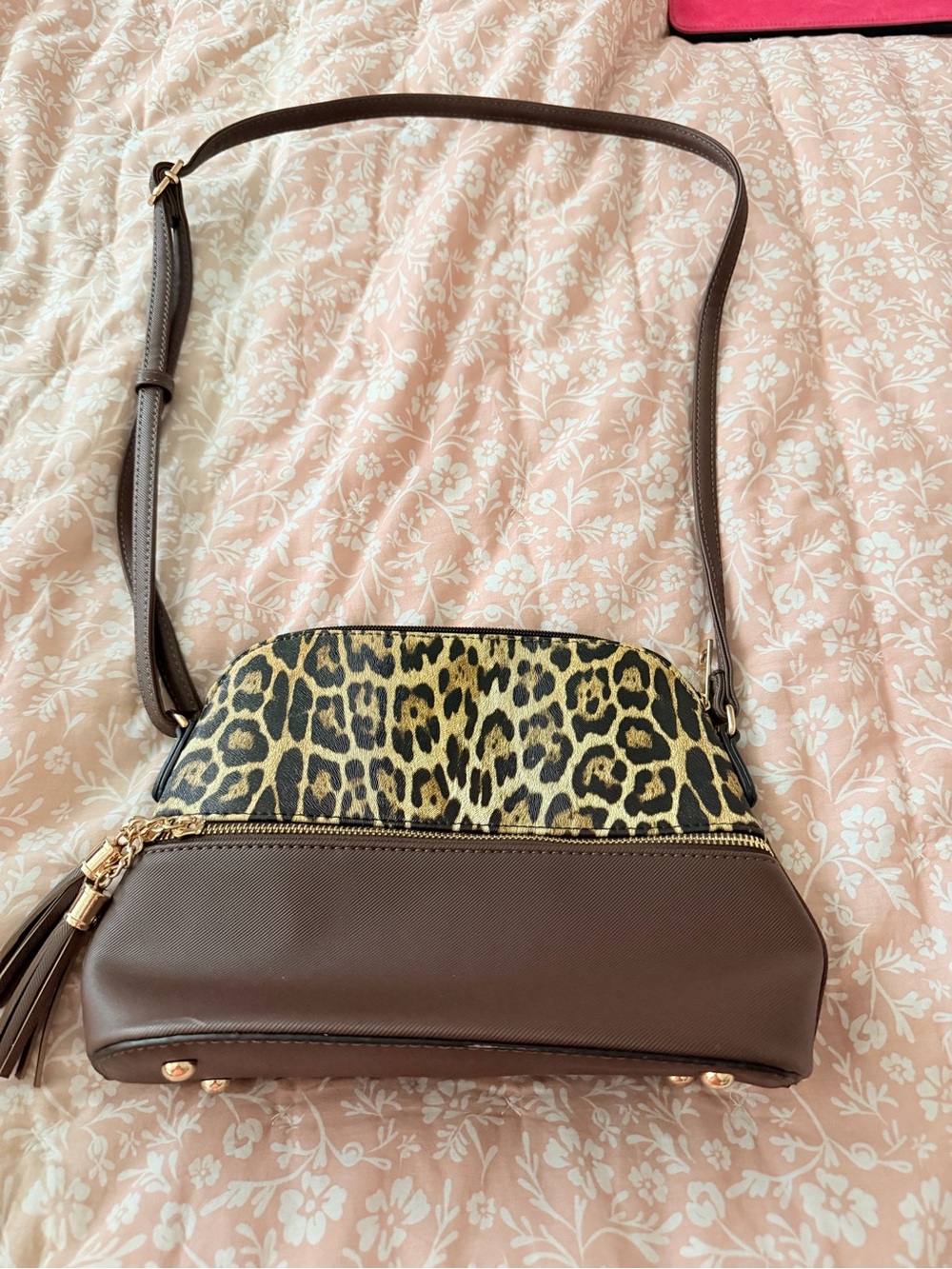 Brown Leopard-Print Crossbody Bag with Gold Hardware